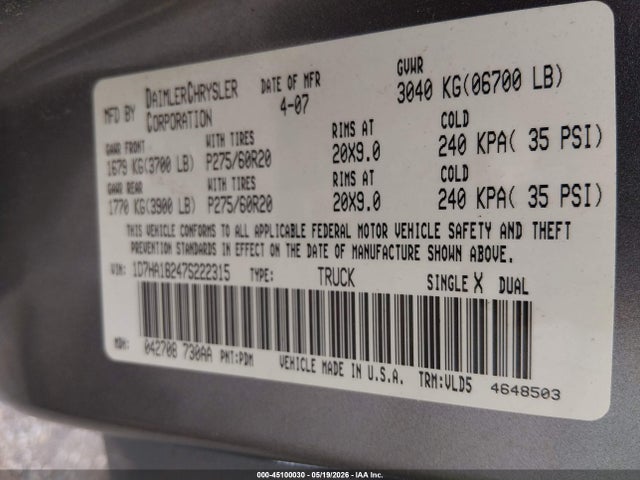 Aukcja sprzedaży 2007 Dodge Ram 1500 Laramie, vin: 1D7HA18247S222315, numer aukcji: 45100030