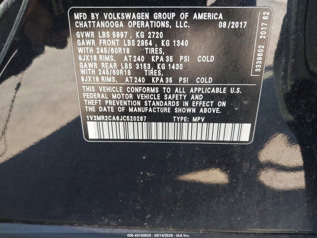 2018 Volkswagen Atlas 3.6l V6 Sel მანქანა იყიდება აუქციონზე, vin: 1V2MR2CA6JC520287, აუქციონის ნომერი: 45100035