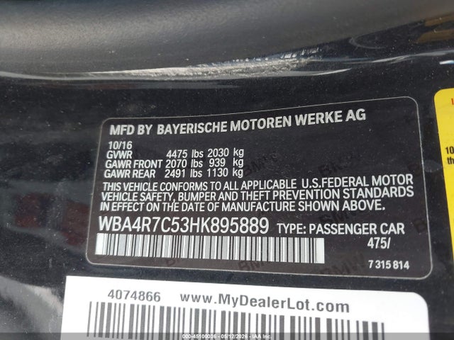 2017 Bmw 430i მანქანა იყიდება აუქციონზე, vin: WBA4R7C53HK895889, აუქციონის ნომერი: 45100036