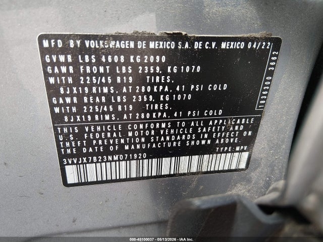 Продаж на аукціоні авто 2022 Volkswagen Taos 1.5t Sel, vin: 3VVJX7B23NM071920, номер лоту: 45100037