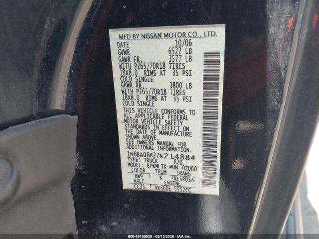 Aukcja sprzedaży 2007 Nissan Titan Se, vin: 1N6BA06B27N214884, numer aukcji: 45100038