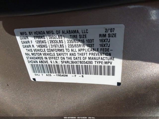 Aukcja sprzedaży 2007 Honda Odyssey Ex, vin: 5FNRL384X7B054280, numer aukcji: 45100040