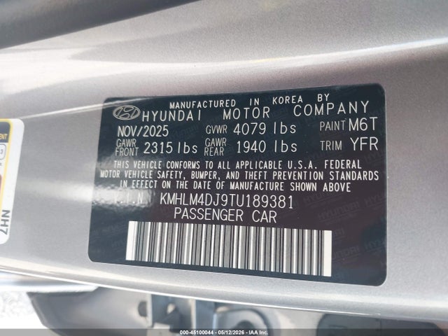 45100044 :رقم المزاد ، KMHLM4DJ9TU189381 vin ، 2026 Hyundai Elantra Hybrid Blue مزاد بيع