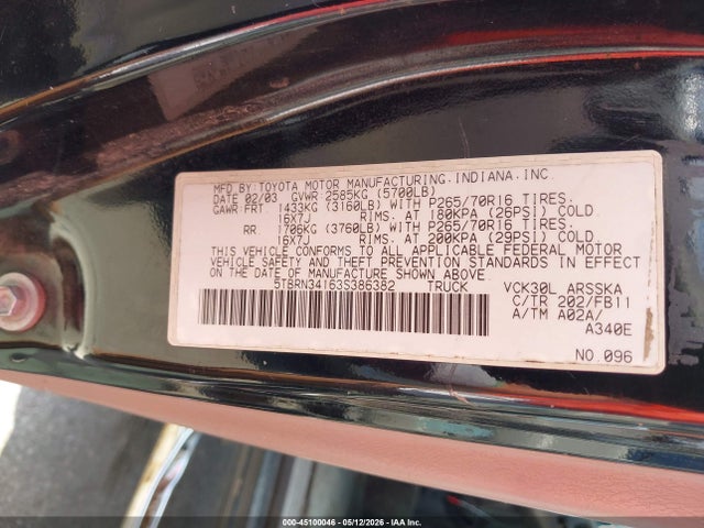 45100046 :رقم المزاد ، 5TBRN34163S386382 vin ، 2003 Toyota Tundra Sr5 مزاد بيع