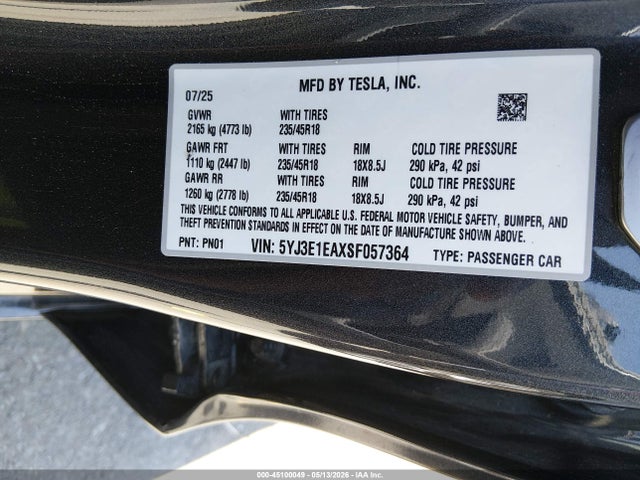 45100049 :رقم المزاد ، 5YJ3E1EAXSF057364 vin ، 2025 Tesla Model 3 Long Range Rear-wheel Drive/standard Rear-wheel Drive مزاد بيع