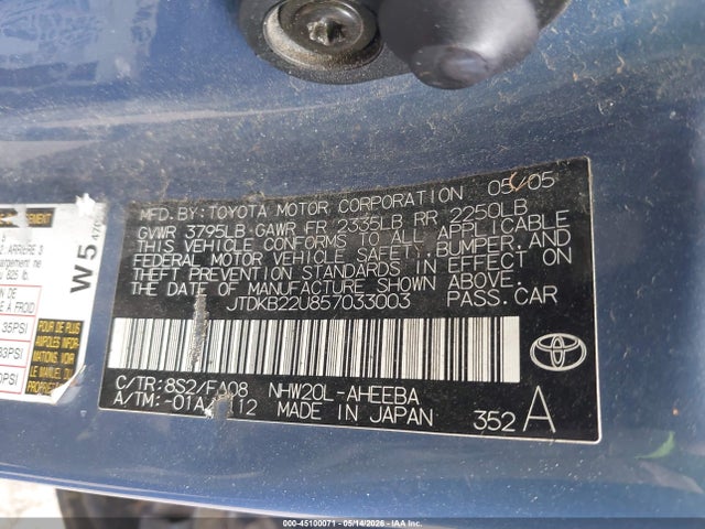 Продажа на аукционе авто 2005 Toyota Prius, vin: JTDKB22U857033003, номер лота: 45100071