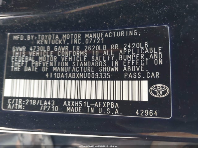 45100082 :رقم المزاد ، 4T1DA1ABXMU009335 vin ، 2021 Toyota Avalon Limited Hybrid مزاد بيع