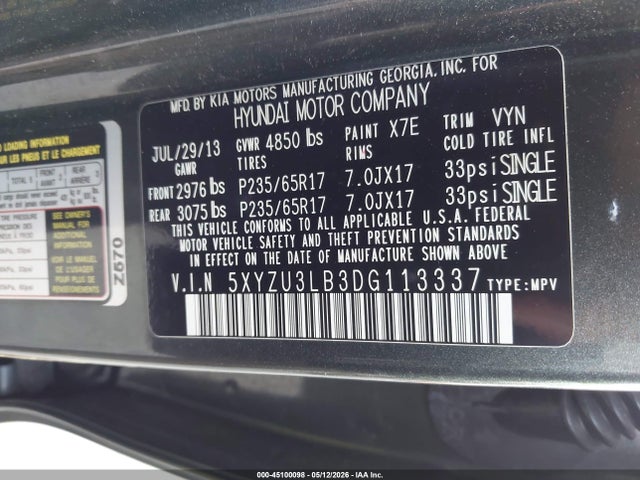 Aukcja sprzedaży 2013 Hyundai Santa Fe Sport, vin: 5XYZU3LB3DG113337, numer aukcji: 45100098