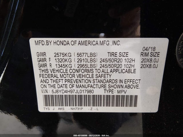 Продаж на аукціоні авто 2018 Acura Mdx Advance   Entertainment Pkgs, vin: 5J8YD4H97JL017980, номер лоту: 45100099