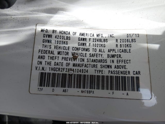 Продаж на аукціоні авто 2013 Honda Accord Lx, vin: 1HGCR2F3XDA104934, номер лоту: 45100101