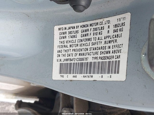 Aukcja sprzedaży 2012 Honda Civic Hybrid, vin: JHMFB4F21CS006787, numer aukcji: 45100108