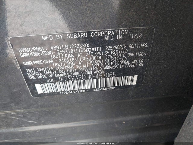 45100109 :رقم المزاد ، JF2SKAPC0KH457065 vin ، 2019 Subaru Forester Sport مزاد بيع
