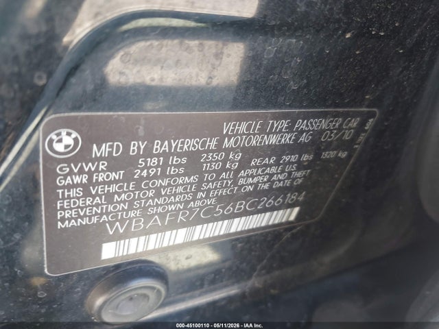 Aukcja sprzedaży 2011 Bmw 535i, vin: WBAFR7C56BC266184, numer aukcji: 45100110