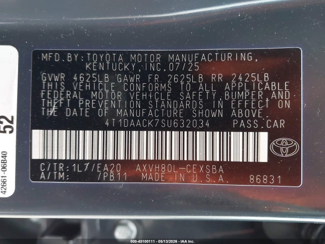 Продажа на аукционе авто 2025 Toyota Camry Se, vin: 4T1DAACK7SU632034, номер лота: 45100111