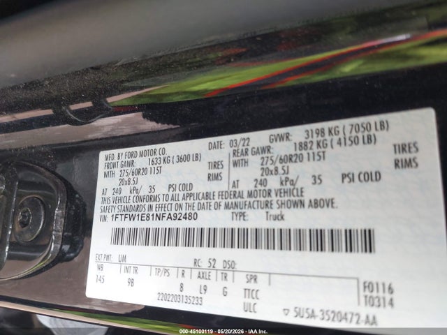 2022 Ford F-150 Platinum მანქანა იყიდება აუქციონზე, vin: 1FTFW1E81NFA92480, აუქციონის ნომერი: 45100119