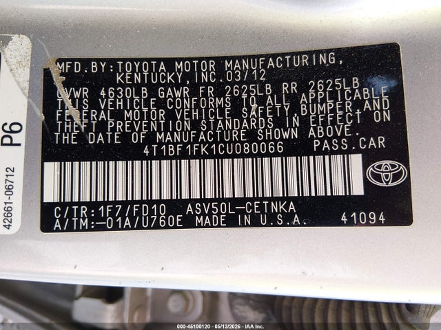 2012 Toyota Camry Le მანქანა იყიდება აუქციონზე, vin: 4T1BF1FK1CU080066, აუქციონის ნომერი: 45100120