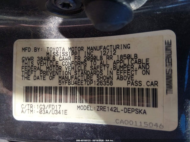 Aukcja sprzedaży 2013 Toyota Corolla S, vin: 5YFBU4EE7DP126358, numer aukcji: 45100123