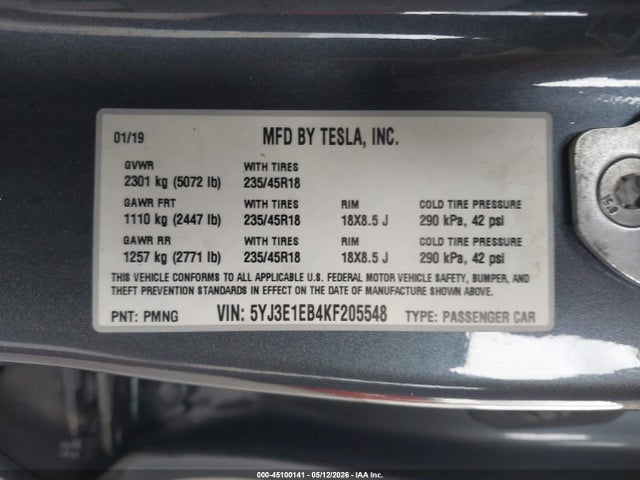 Aukcja sprzedaży 2019 Tesla Model 3 Long Range/performance, vin: 5YJ3E1EB4KF205548, numer aukcji: 45100141