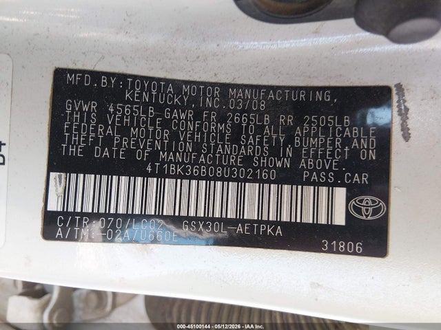 Aukcja sprzedaży 2008 Toyota Avalon Limited, vin: 4T1BK36B08U302160, numer aukcji: 45100144