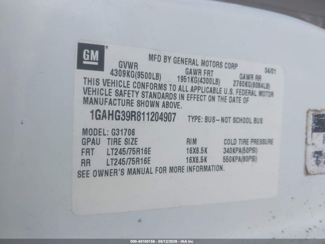 Aukcja sprzedaży 2001 Chevrolet Express, vin: 1GAHG39R811204907, numer aukcji: 45100156