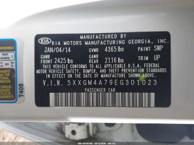 45100158 :رقم المزاد ، 5XXGM4A79EG301023 vin ، 2014 Kia Optima Lx مزاد بيع