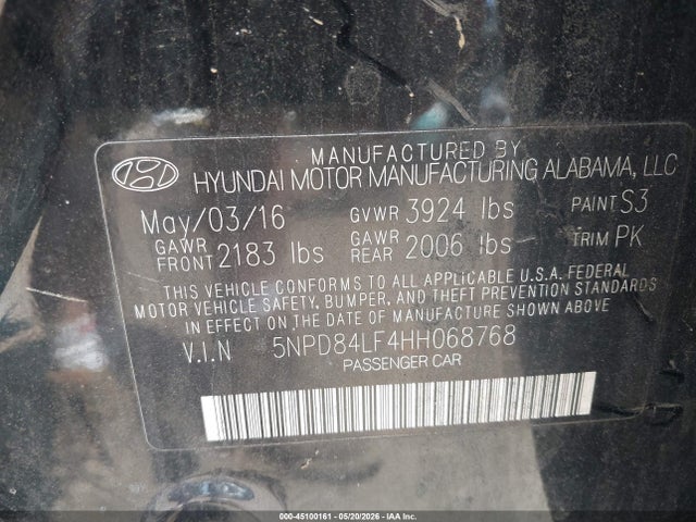 2017 Hyundai Elantra Limited მანქანა იყიდება აუქციონზე, vin: 5NPD84LF4HH068768, აუქციონის ნომერი: 45100161