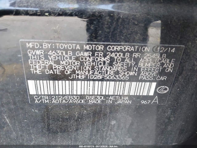 Aukcja sprzedaży 2015 Lexus Is 250, vin: JTHBF1D28F5063365, numer aukcji: 45100174