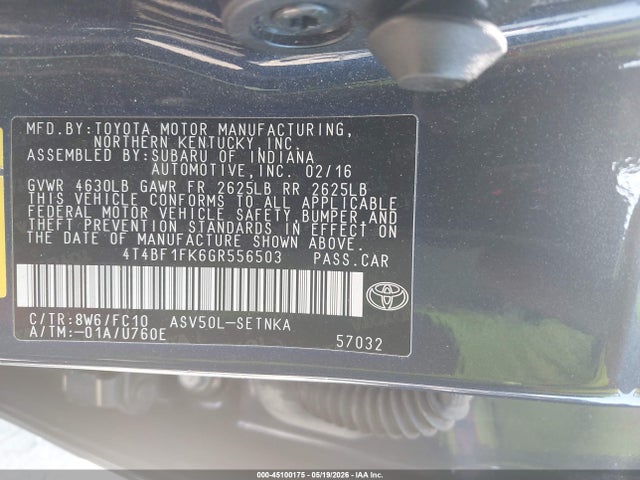 Продаж на аукціоні авто 2016 Toyota Camry Le, vin: 4T4BF1FK6GR556503, номер лоту: 45100175