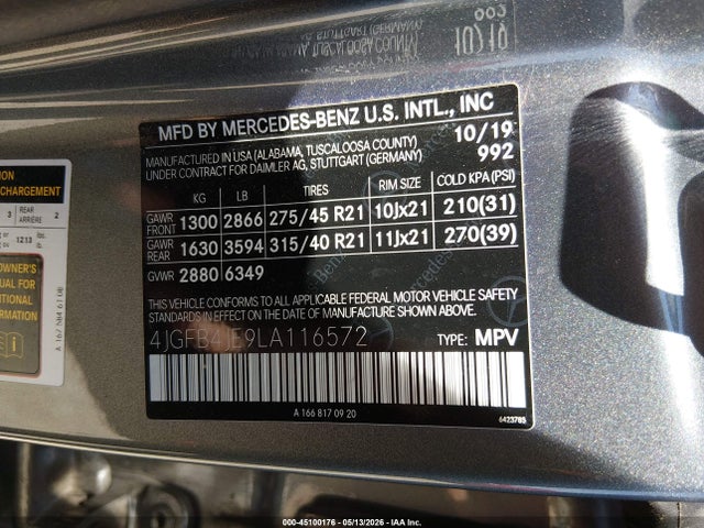 Продаж на аукціоні авто 2020 Mercedes-benz Gle 350, vin: 4JGFB4JE9LA116572, номер лоту: 45100176