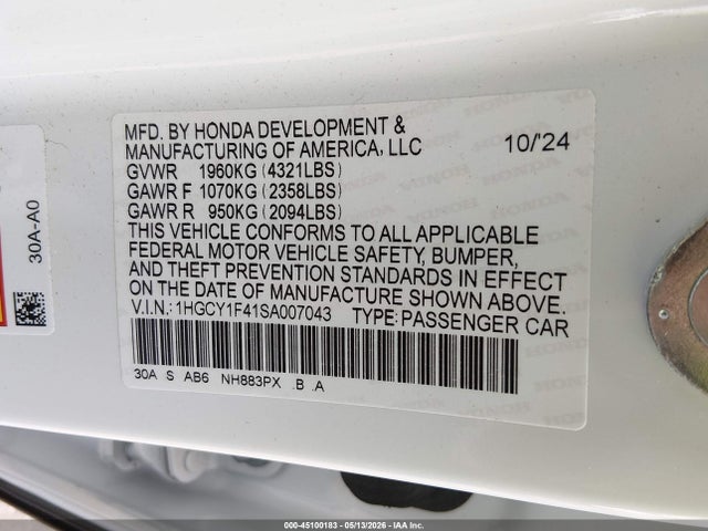 Aukcja sprzedaży 2025 Honda Accord Se, vin: 1HGCY1F41SA007043, numer aukcji: 45100183