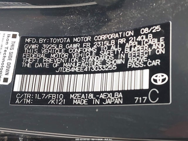 Продаж на аукціоні авто 2026 Toyota Corolla Le, vin: JTDB4MEE4T3033255, номер лоту: 45100185