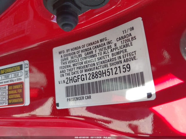 Продаж на аукціоні авто 2009 Honda Civic Ex, vin: 2HGFG12889H512159, номер лоту: 45100188