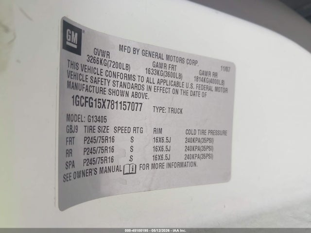 Продажа на аукционе авто 2008 Chevrolet Express Work Van, vin: 1GCFG15X781157077, номер лота: 45100195