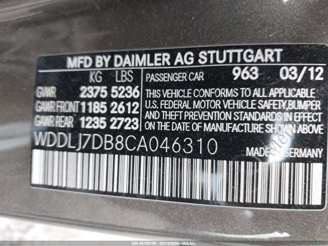 2012 Mercedes-benz Cls 550 მანქანა იყიდება აუქციონზე, vin: WDDLJ7DB8CA046310, აუქციონის ნომერი: 45100199