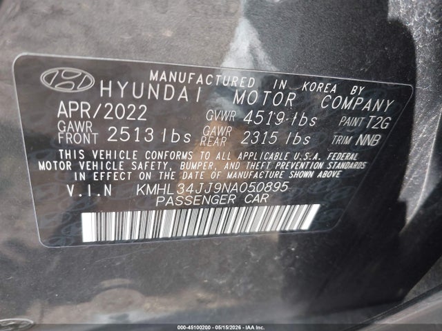 Aukcja sprzedaży 2022 Hyundai Sonata Hybrid Sel, vin: KMHL34JJ9NA050895, numer aukcji: 45100200