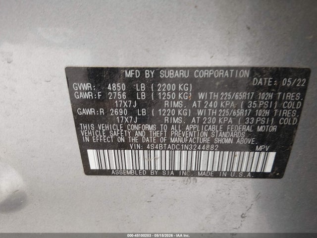 45100203 :رقم المزاد ، 4S4BTADC1N3244882 vin ، 2022 Subaru Outback Premium مزاد بيع