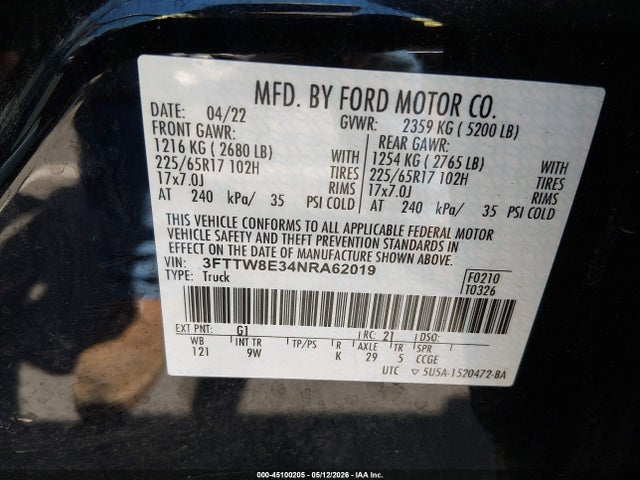 45100205 :رقم المزاد ، 3FTTW8E34NRA62019 vin ، 2022 Ford Maverick Xl مزاد بيع