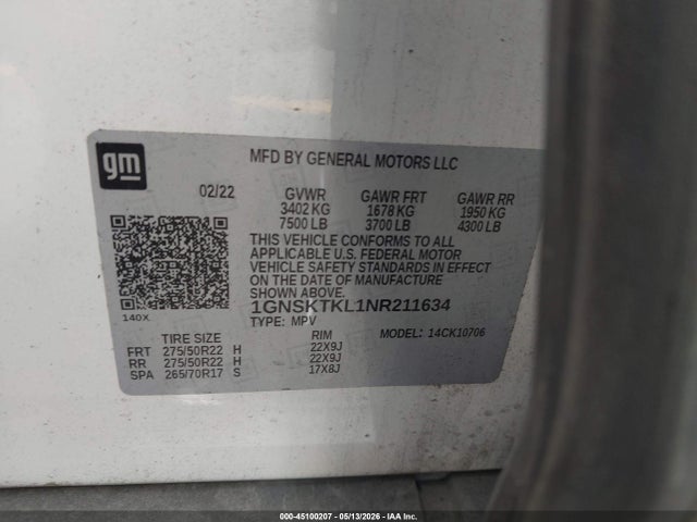 Продаж на аукціоні авто 2022 Chevrolet Tahoe 4wd High Country, vin: 1GNSKTKL1NR211634, номер лоту: 45100207