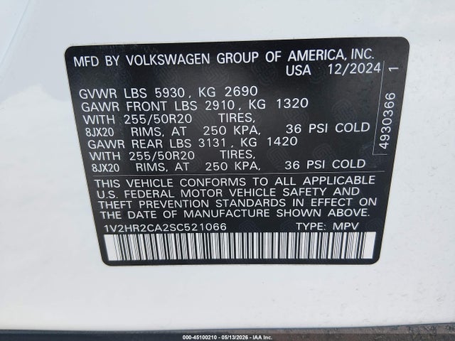 Aukcja sprzedaży 2025 Volkswagen Atlas 2.0t Se W/technology, vin: 1V2HR2CA2SC521066, numer aukcji: 45100210