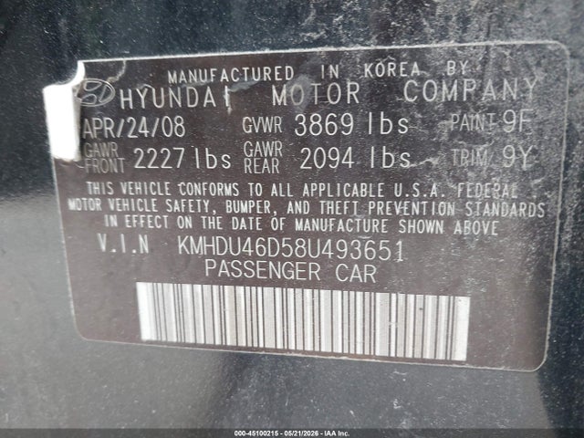 Продажа на аукционе авто 2008 Hyundai Elantra Gls/se, vin: KMHDU46D58U493651, номер лота: 45100215