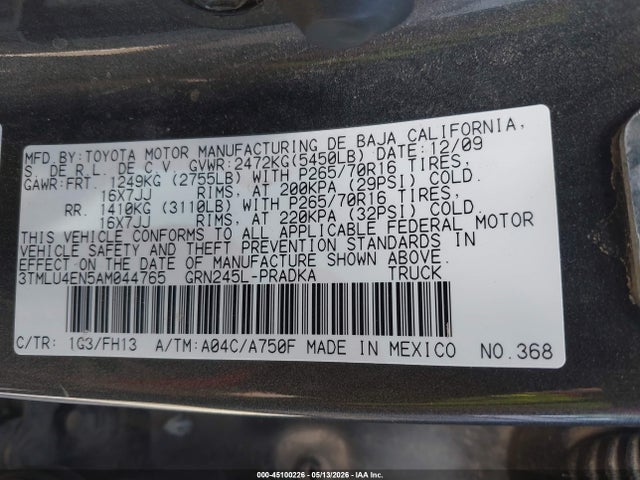 Aukcja sprzedaży 2010 Toyota Tacoma Base V6, vin: 3TMLU4EN5AM044765, numer aukcji: 45100226