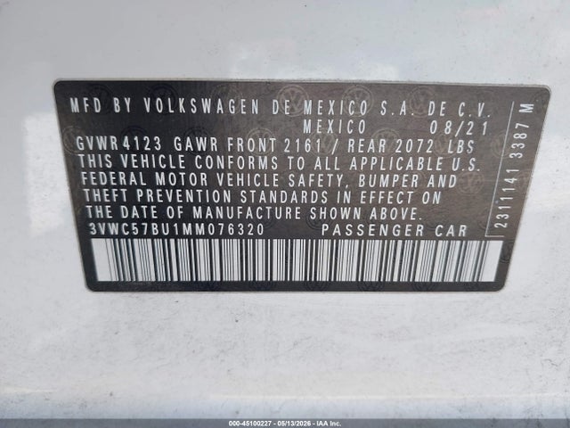 Aukcja sprzedaży 2021 Volkswagen Jetta 1.4t R-line/1.4t S/1.4t Se, vin: 3VWC57BU1MM076320, numer aukcji: 45100227