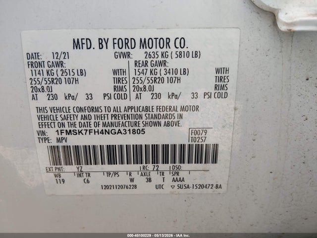 Aukcja sprzedaży 2022 Ford Explorer Limited, vin: 1FMSK7FH4NGA31805, numer aukcji: 45100229