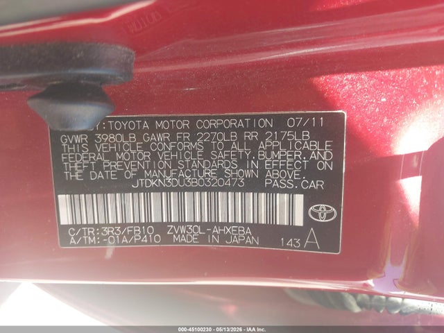 45100230 :رقم المزاد ، JTDKN3DU3B0320473 vin ، 2011 Toyota Prius Three مزاد بيع