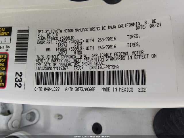 45100251 :رقم المزاد ، 3TMDZ5BN1MM119367 vin ، 2021 Toyota Tacoma Trd Off-road مزاد بيع