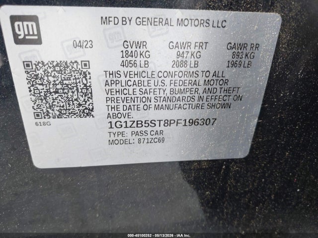 Продажа на аукционе авто 2023 Chevrolet Malibu Fwd Ls, vin: 1G1ZB5ST8PF196307, номер лота: 45100252
