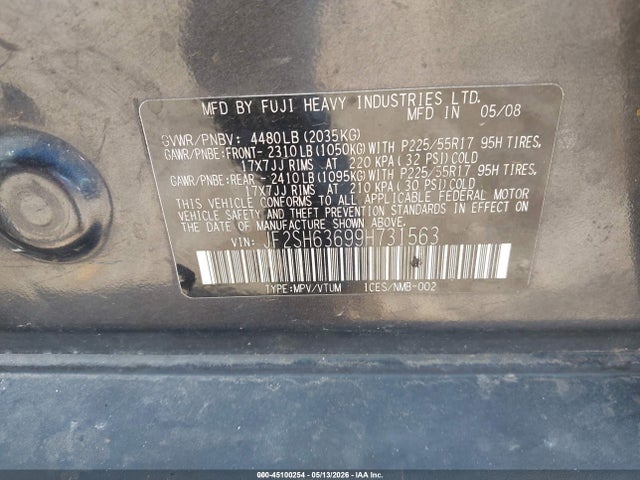 2009 Subaru Forester 2.5x მანქანა იყიდება აუქციონზე, vin: JF2SH63699H731563, აუქციონის ნომერი: 45100254