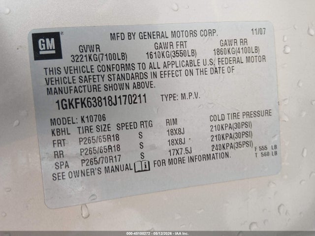 Продаж на аукціоні авто 2008 Gmc Yukon Denali, vin: 1GKFK63818J170211, номер лоту: 45100272