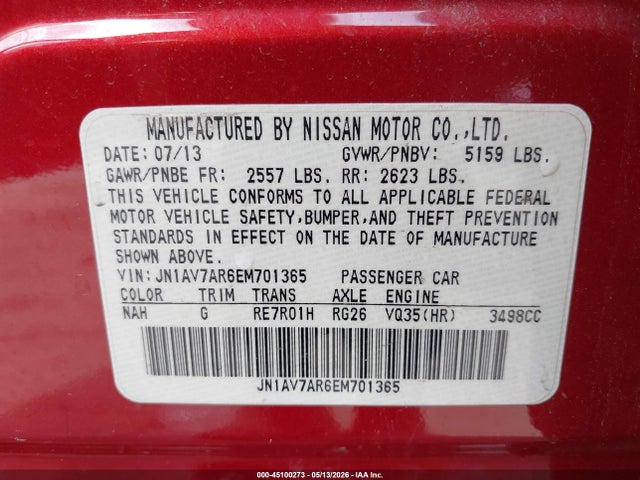 Aukcja sprzedaży 2014 Infiniti Q50 Hybrid Premium, vin: JN1AV7AR6EM701365, numer aukcji: 45100273