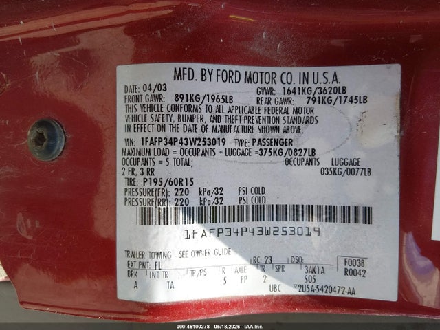 45100278 :رقم المزاد ، 1FAFP34P43W253019 vin ، 2003 Ford Focus Se مزاد بيع